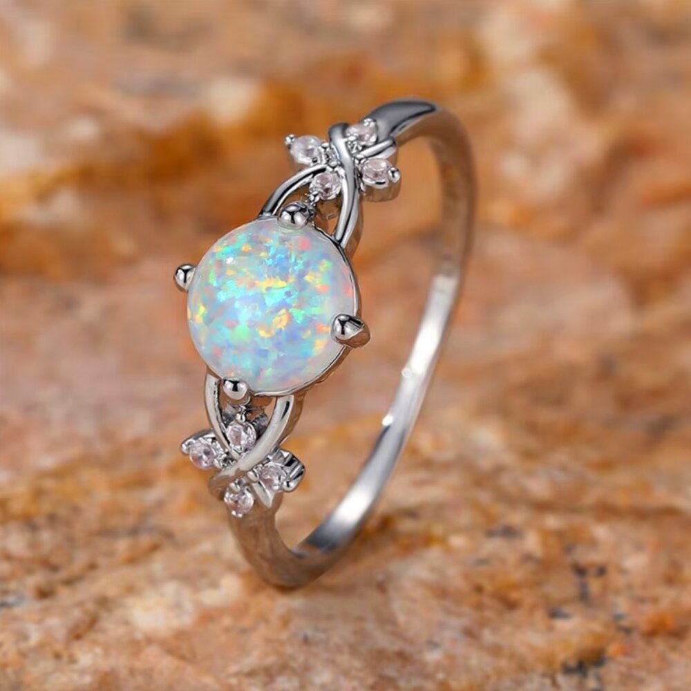 NEW 14k White Gold Round White Opal Diamond Ring Band - Picture 3 of 6